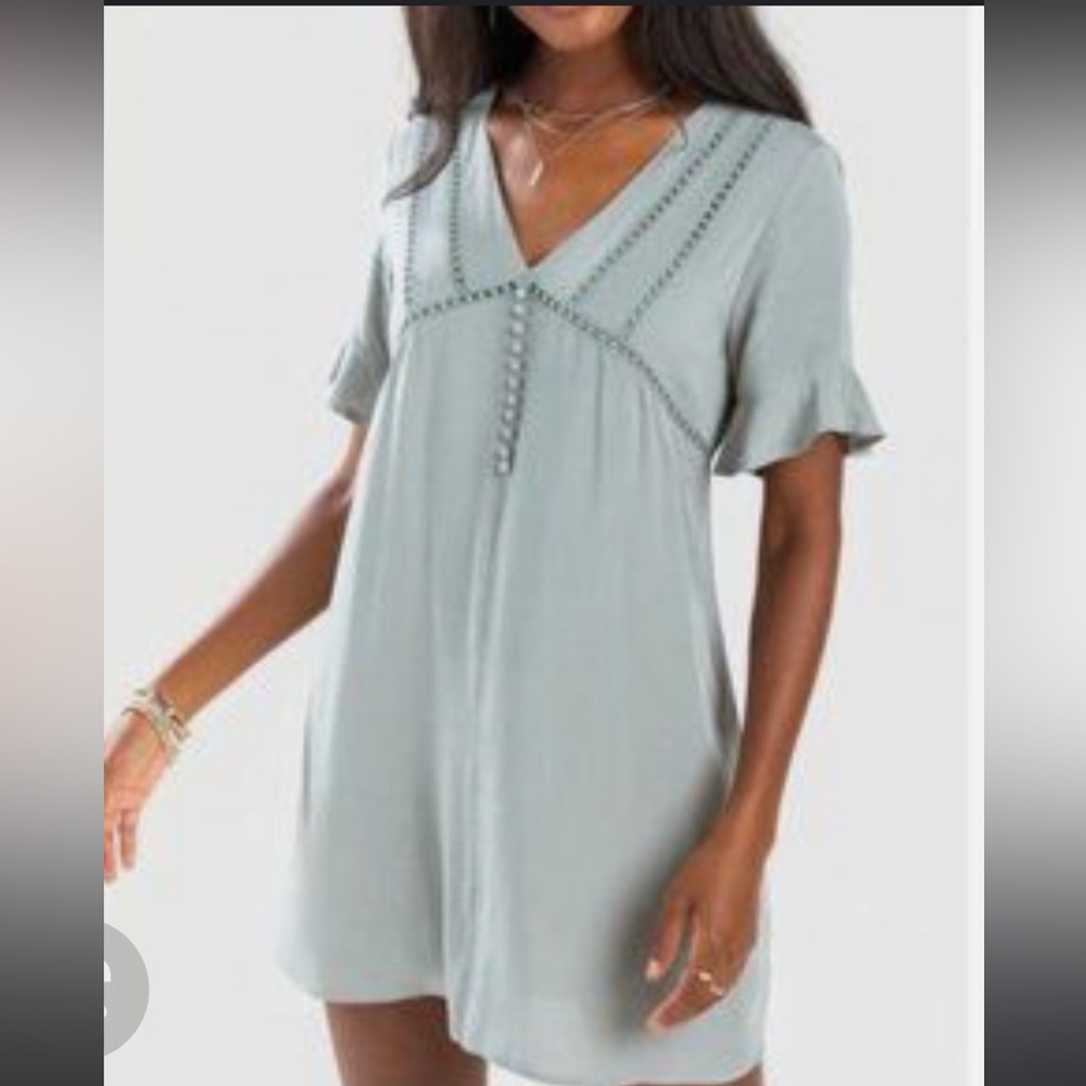 Blue rain eucalyptus mint green medium button ruffle sleeve elegant dress